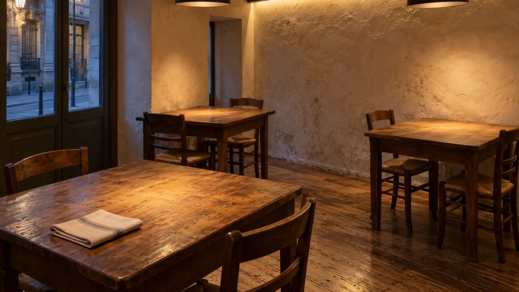 Sala di un ristorante con tavoli in legno, pareti a calce illuminate da lampade a sospensione e vetrata sulla strada