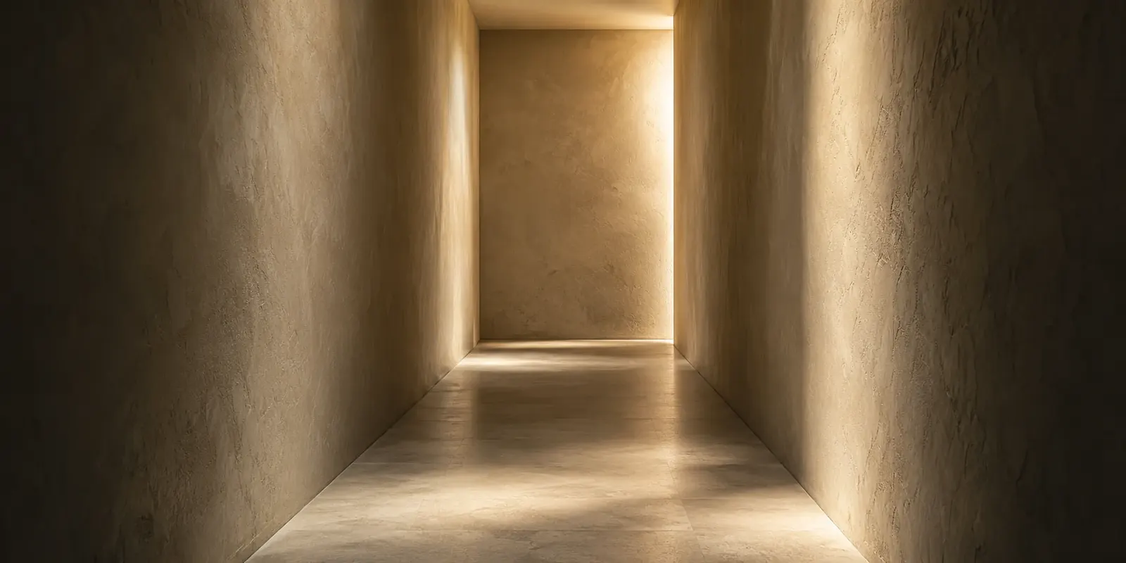 Corridoio profondo con luce radente, scuro e caldo